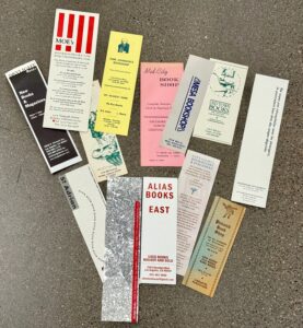 This is a picture of vintage bookmarks from bookstores both current and long gone. 