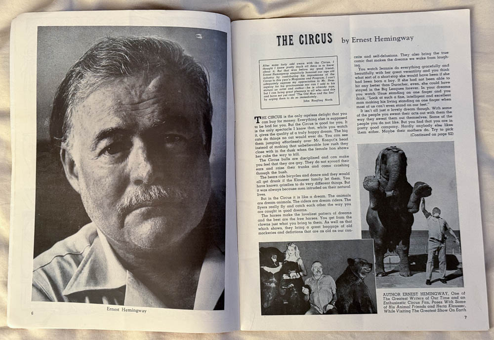 A picture of the Ernest Hemingway nonfiction piece "The Circus" as well as 3 copies of the magazine Ringling Brothers and Barnum Bailey Circus."