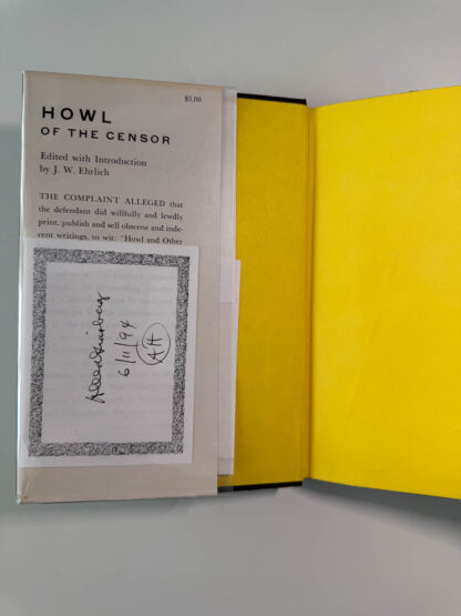 Picture of the front DJ flap and laid-in signature of Allen Ginsberg in the book Howl Of The Censor