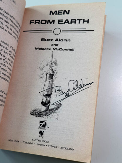 A photo of the Buzz Aldrin signature on Men From Earth written with Malcolm McConnell