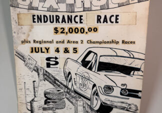 Various pictures of a pen-and-ink drawing advertising the SCCA 6-hour car race