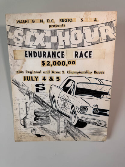 Various pictures of a pen-and-ink drawing advertising the SCCA 6-hour car race