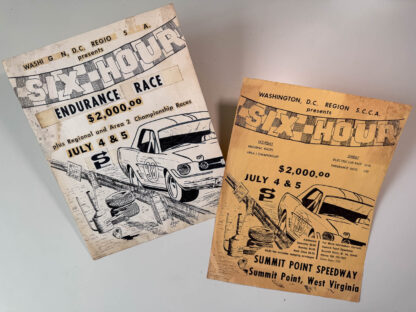 Various pictures of a pen-and-ink drawing advertising the SCCA 6-hour car race