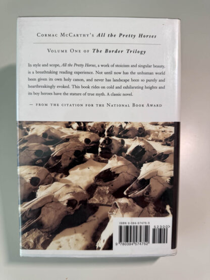 A picture of the back cover first edition of Cormac McCarthy's The Crossing.